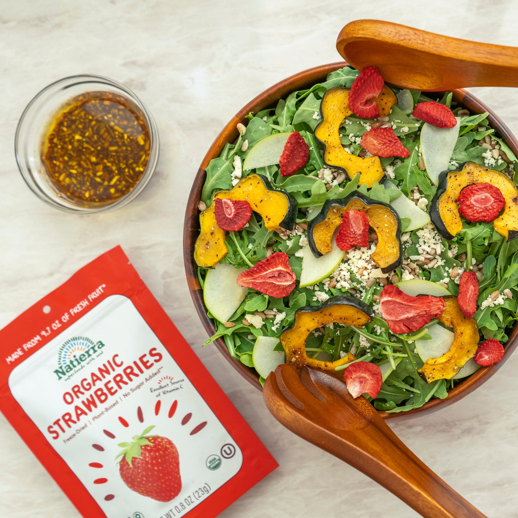 Plant-based autumn salad with organic freeze-dried strawberries