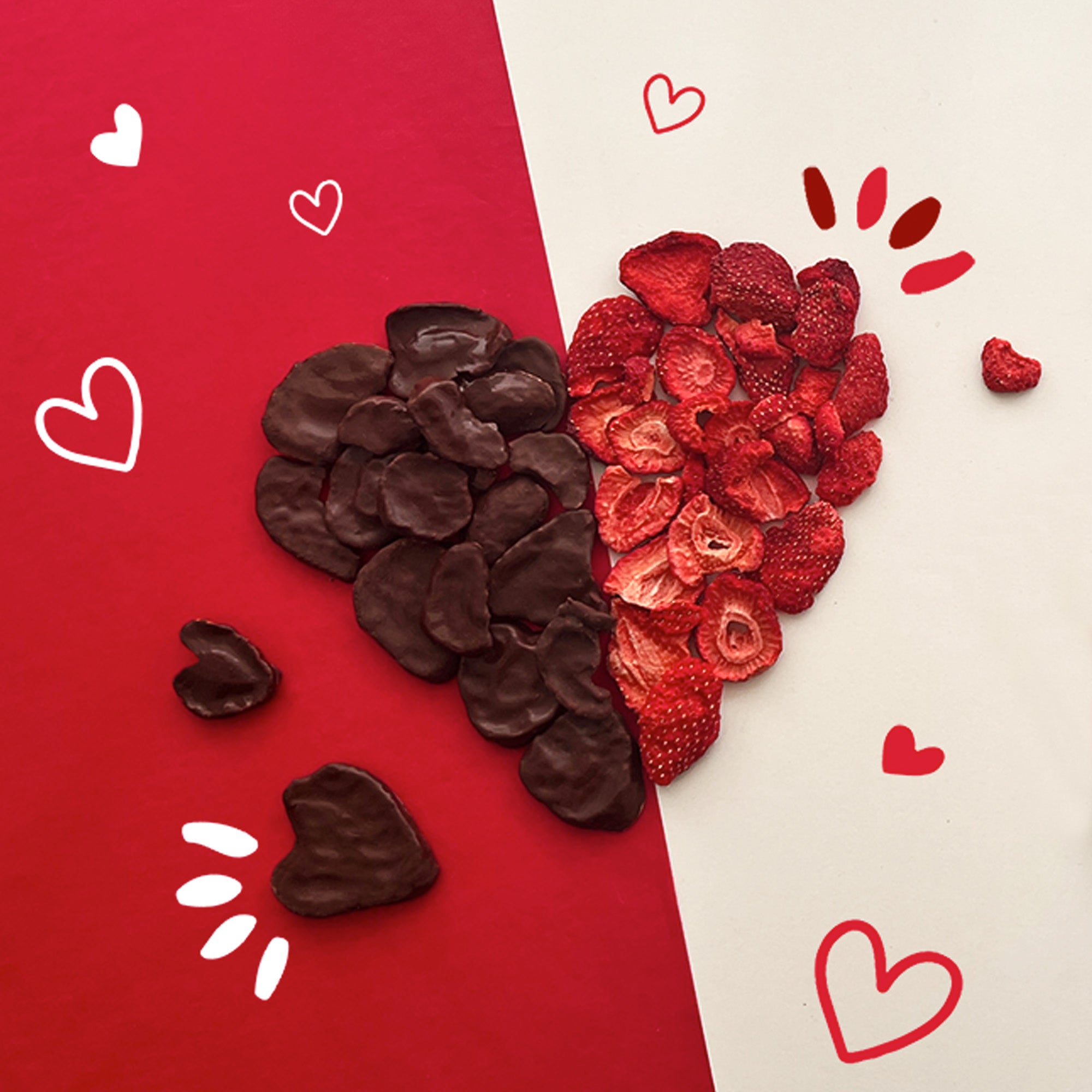 Chocolate-covered and freeze-dried strawberries heart