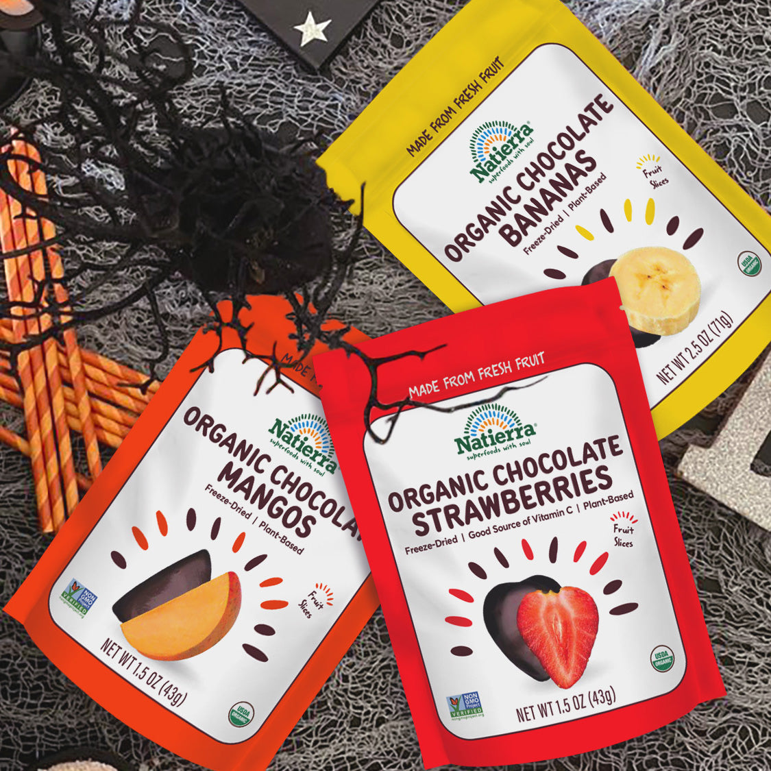 Dark chocolate covered freeze-dried organic fruits