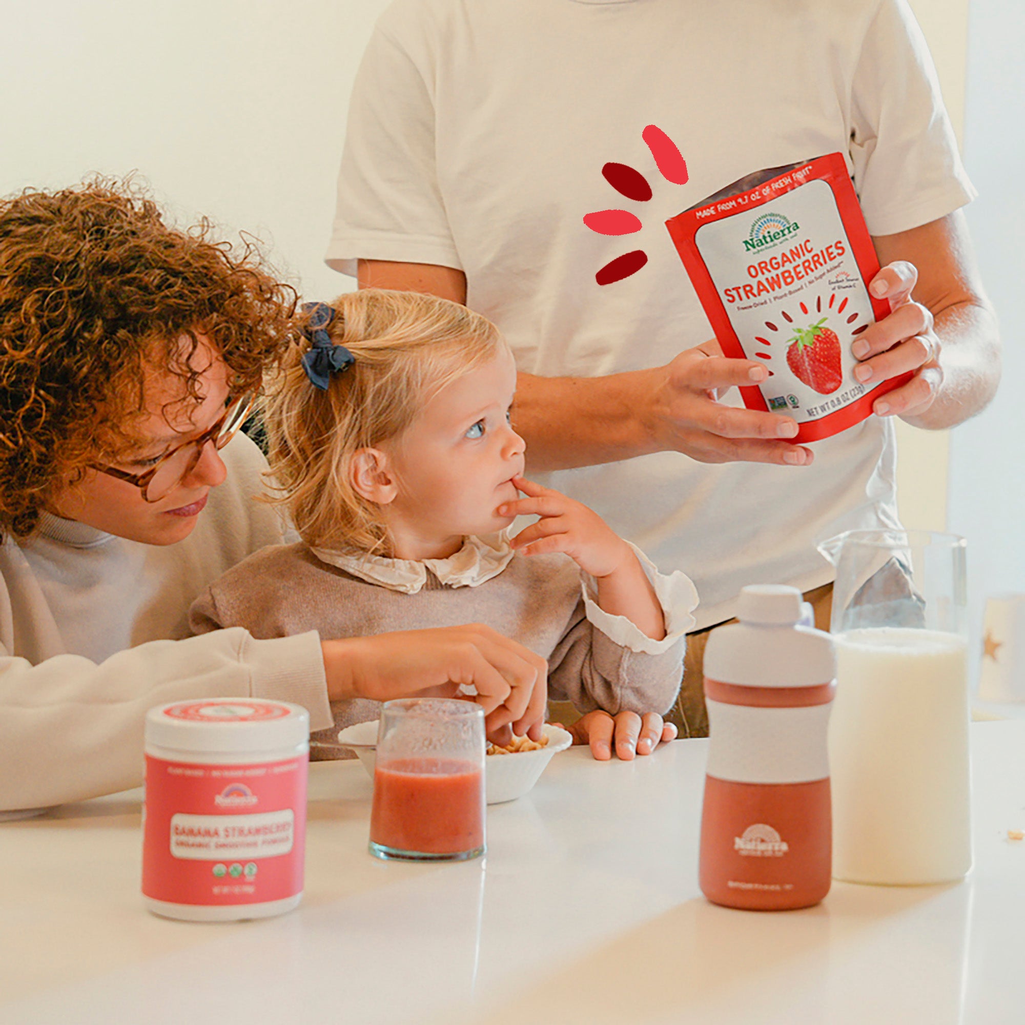 Kids enjoying freeze-dried snacks and smoothies