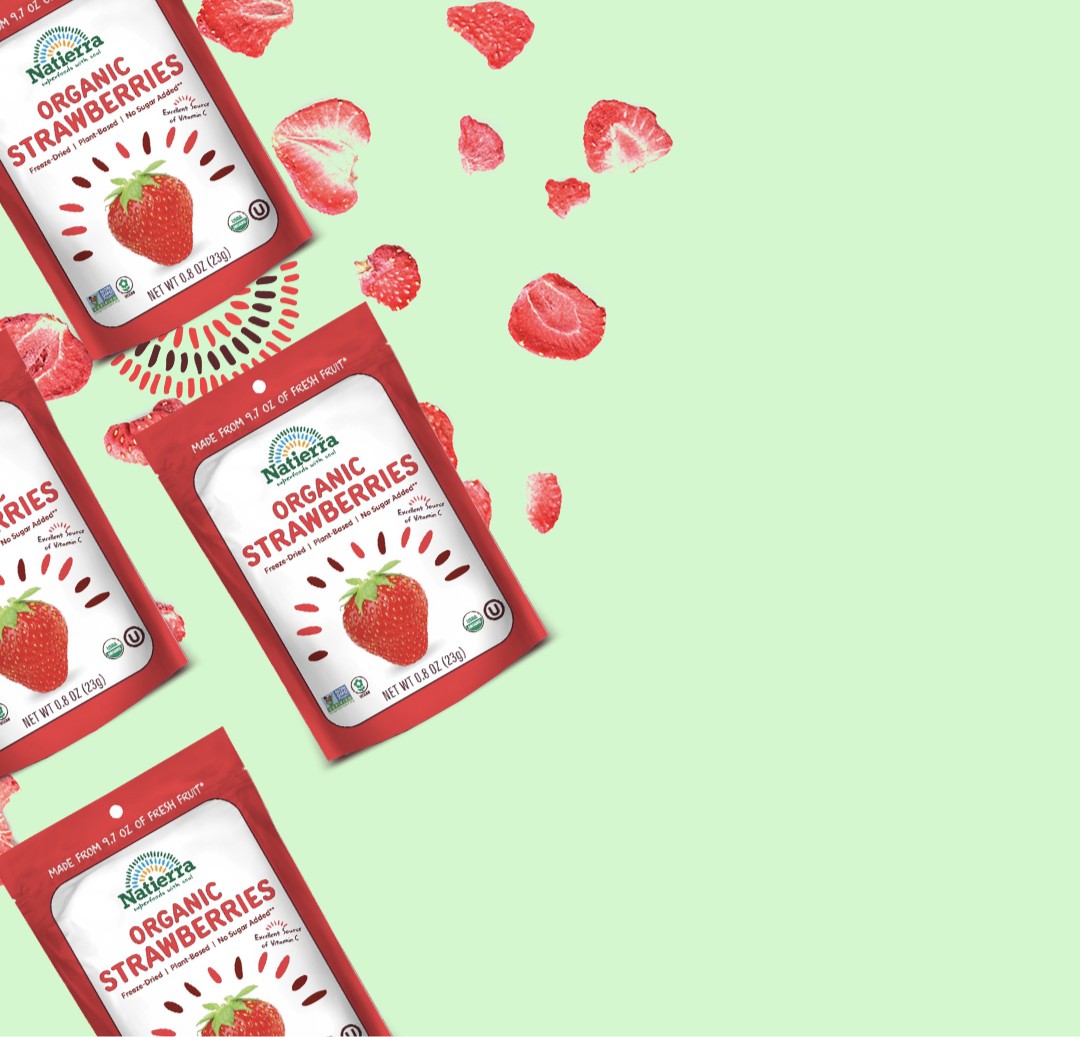 Natierra Organic Freeze-Dried Strawberries bags and strawberry slices spilled all over