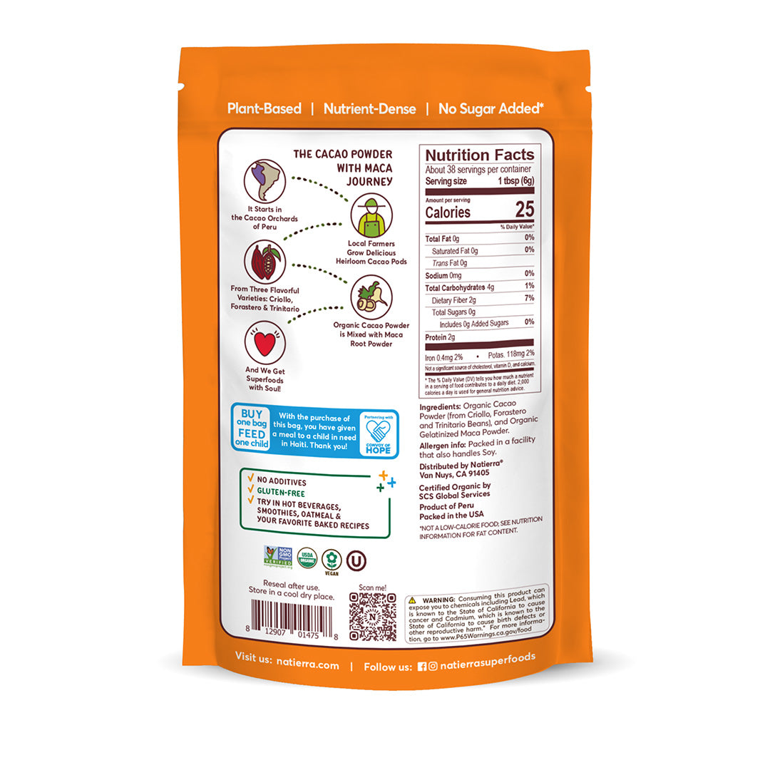 Natierra Organic Cacao Maca bag back of package