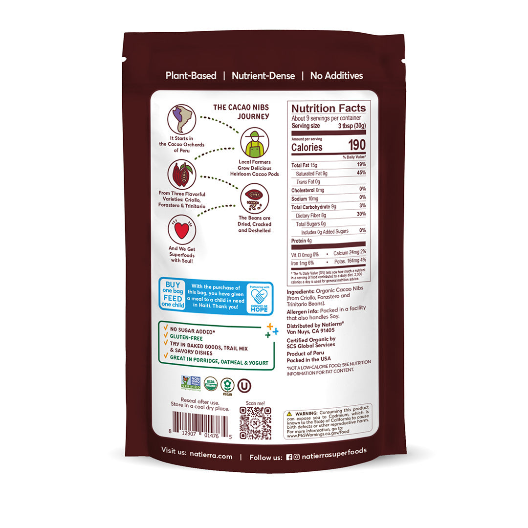 Natierra Organic Cacao Nibs bag back of package