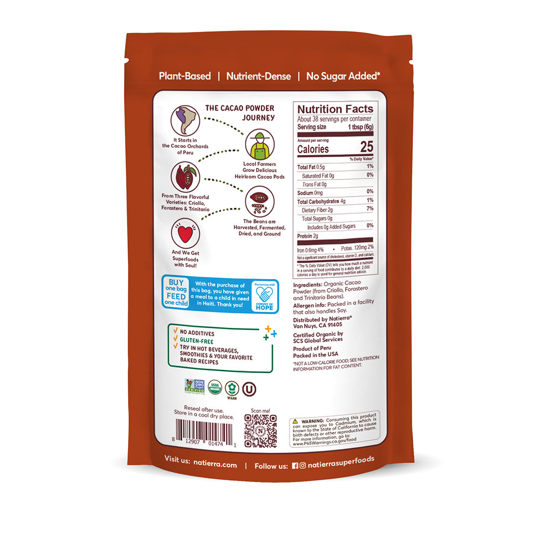Natierra Cacao nutritional back of packaging