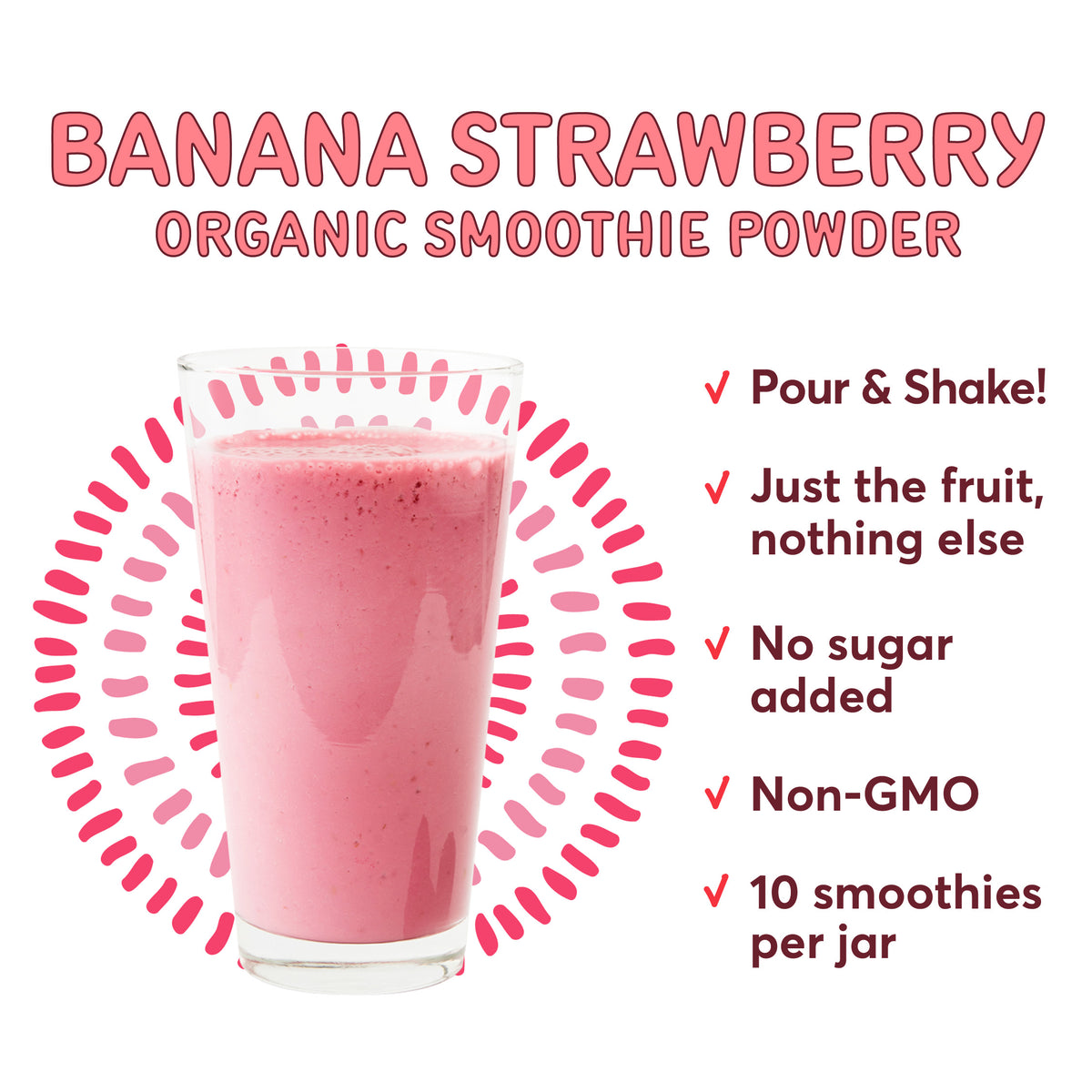 A jar of Natierra Banana Strawberry Organic Smoothie Powder next to list of main product claims