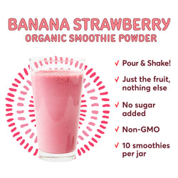 A jar of Natierra Banana Strawberry Organic Smoothie Powder next to list of main product claims
