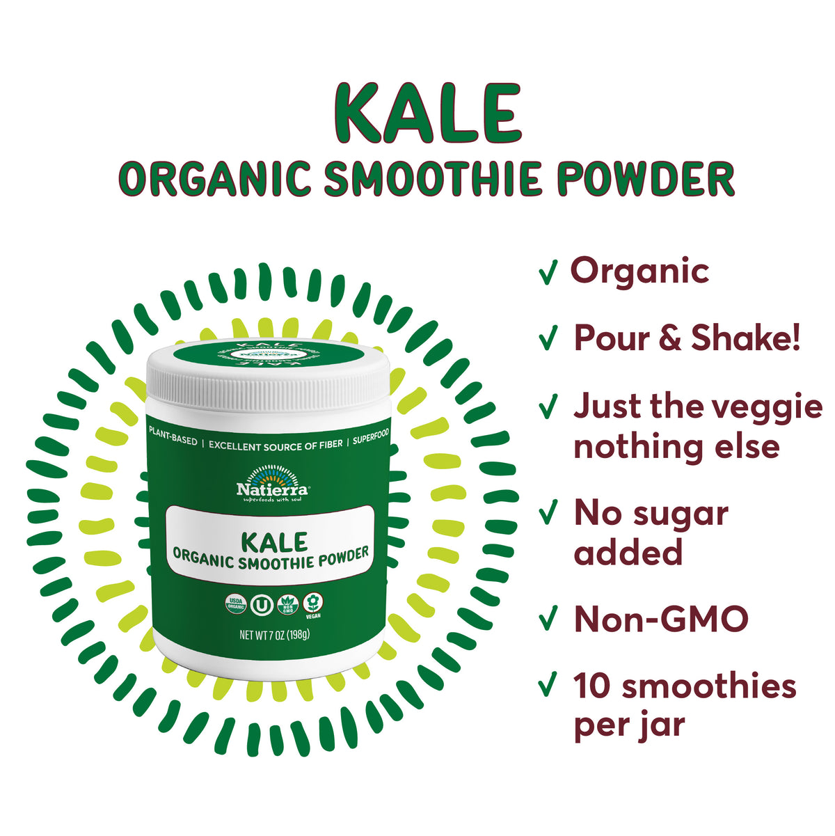 A jar of Natierra Kale Organic Smoothie Powder next to list of main product claims