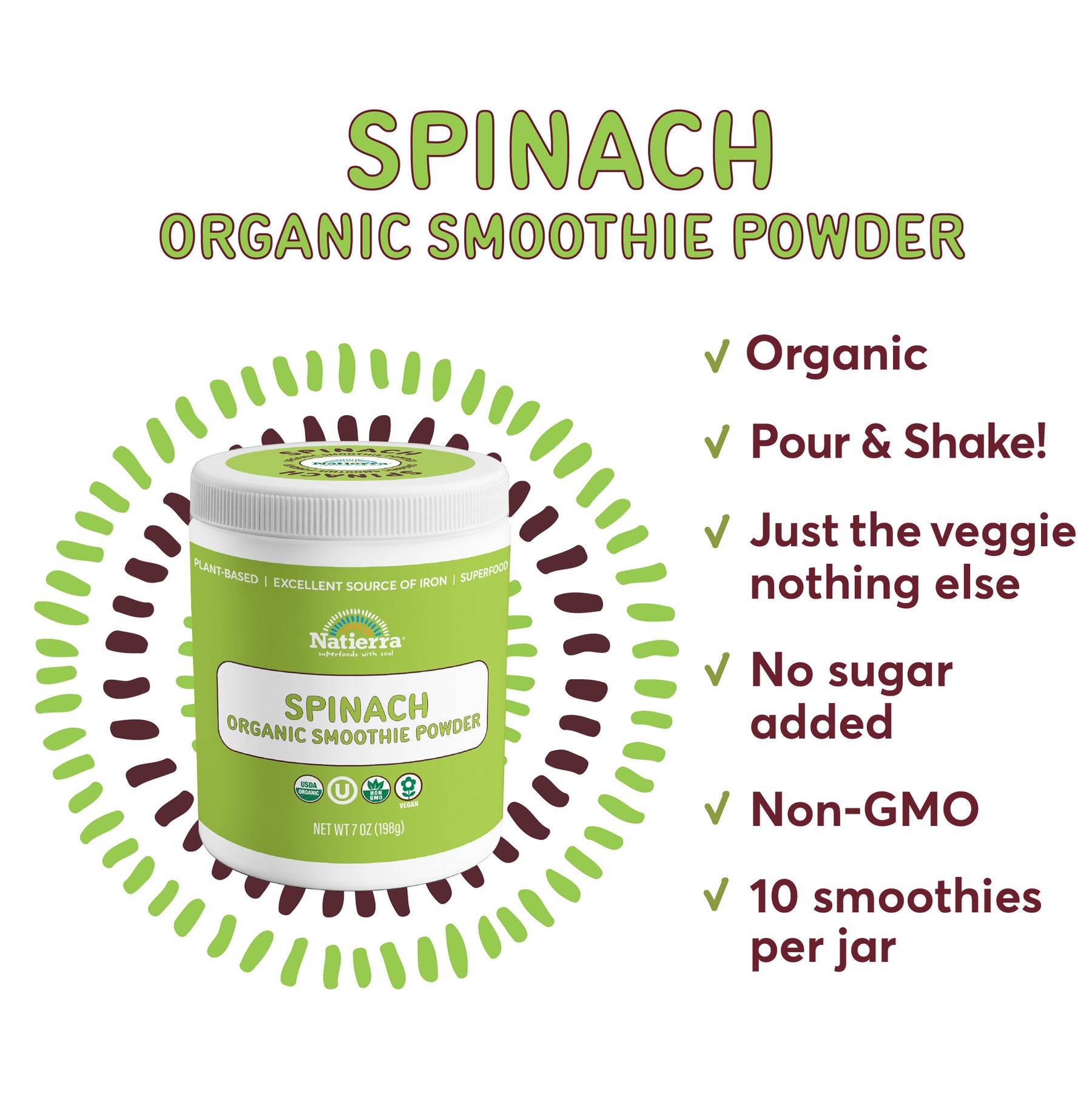 A jar of Natierra Spinach Organic Smoothie Powder next to list of main product claims