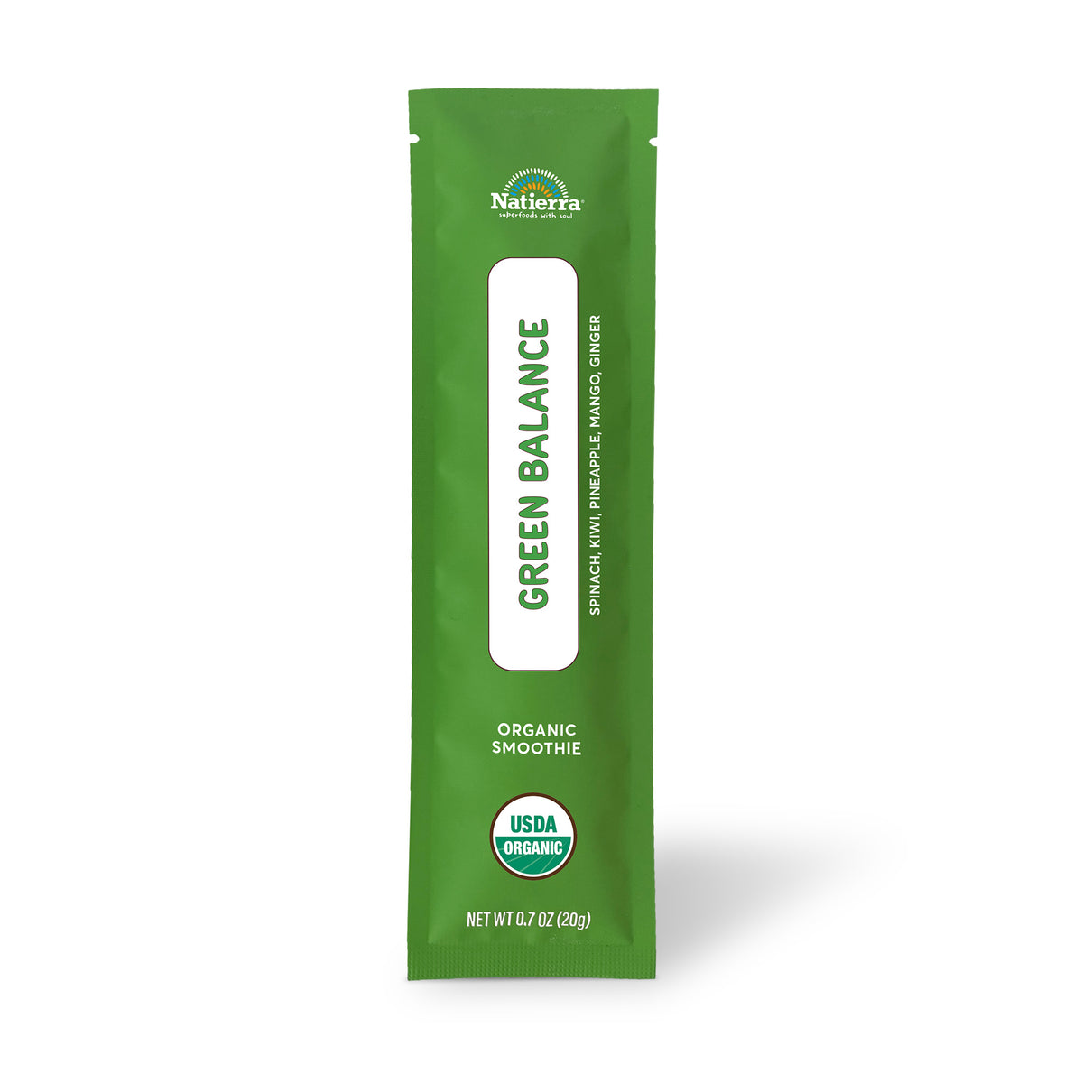 Natierra Green Balance Organic Smoothie individual stick pack on a white background