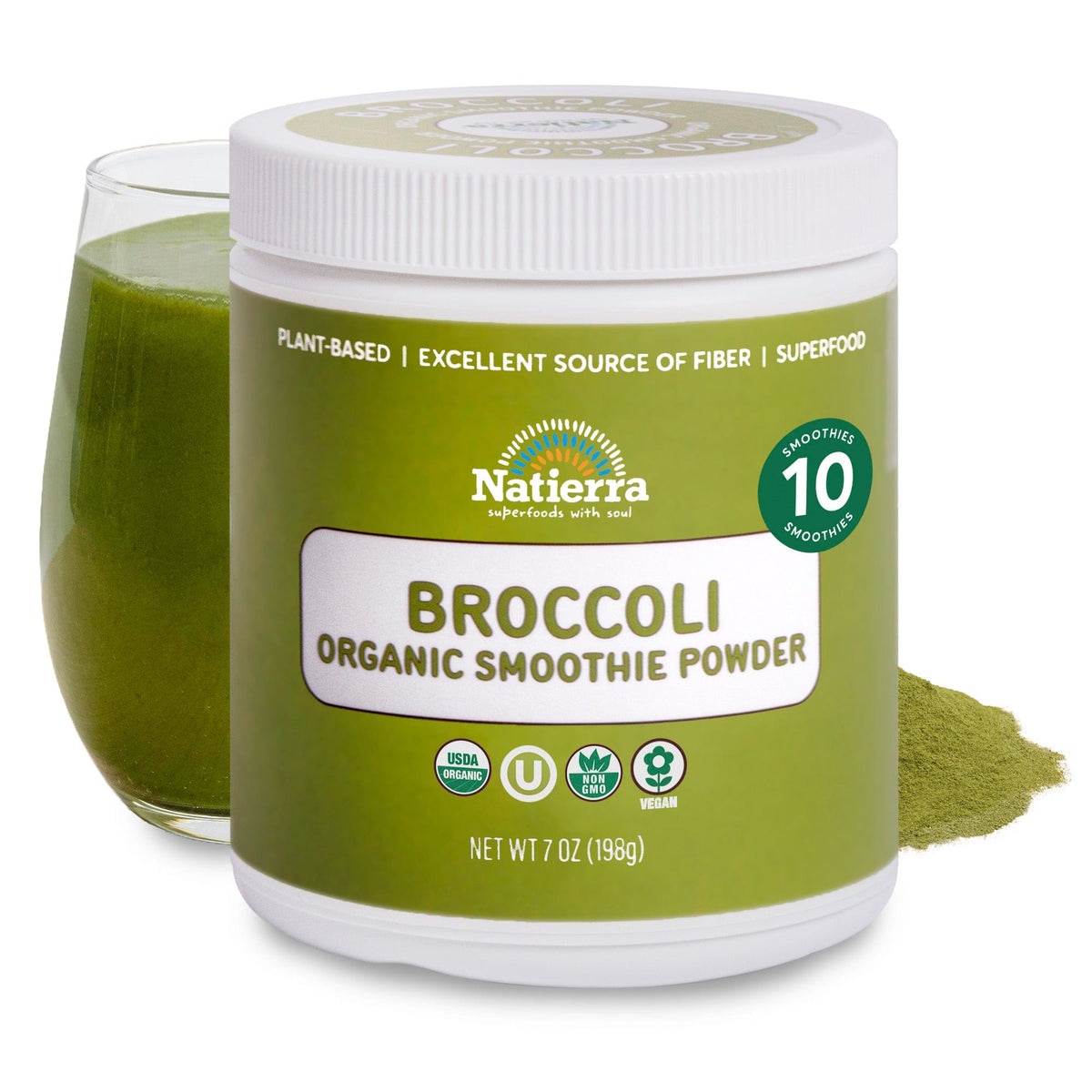 Natierra Broccoli Organic Smoothie jar with glass and powder in the background