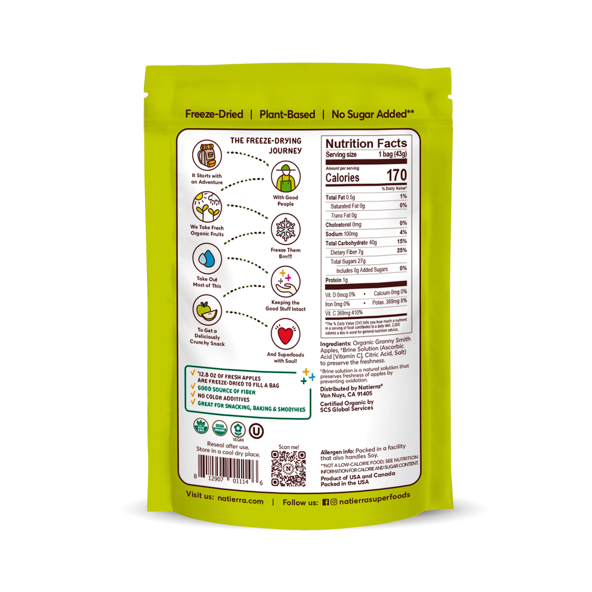 Natierra Freeze-Dried Apples bag with nutrition facts, journey and main product claims