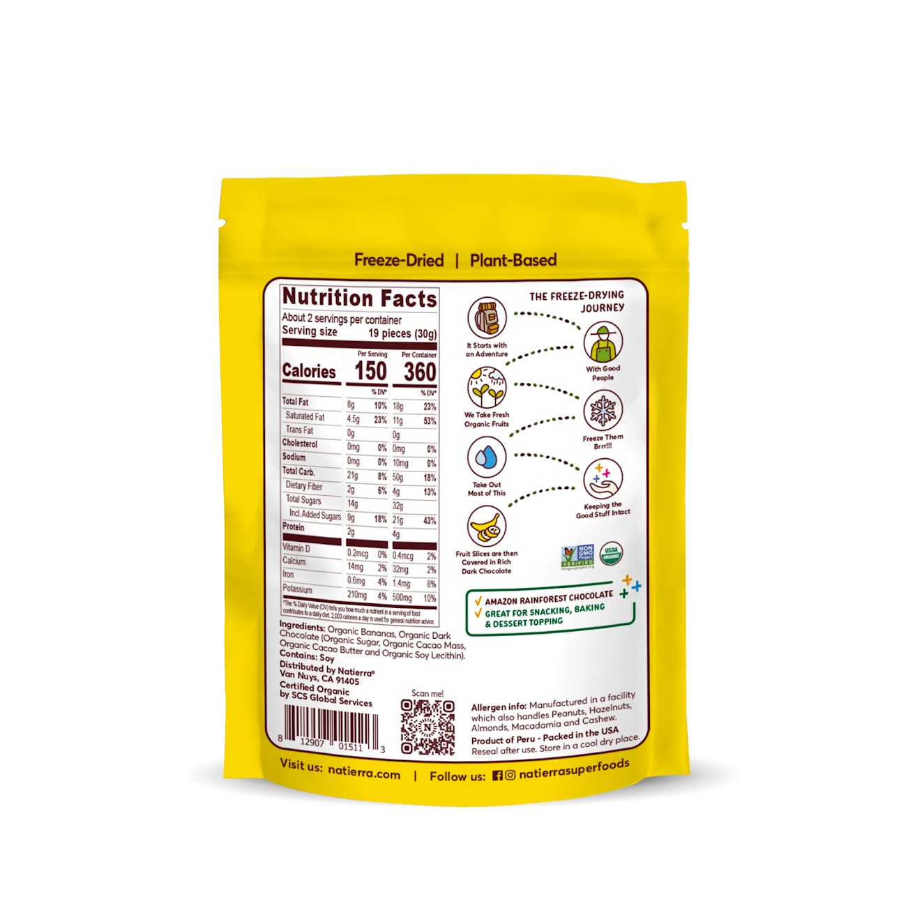 Natierra Organic Dark Chocolate Banana Slices Bag with Nutrition facts, journey and main product claims