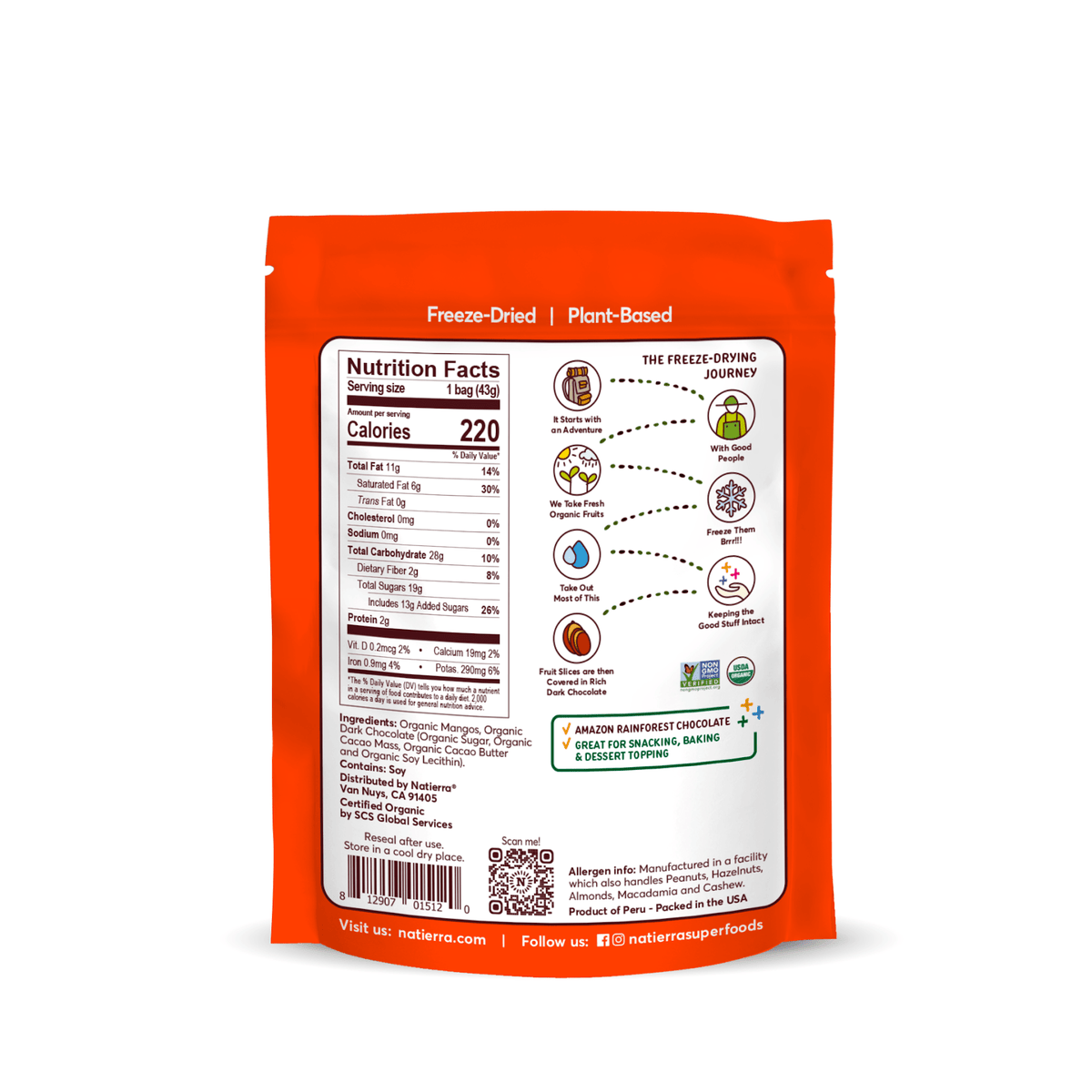 Natierra Organic Dark Chocolate Mango Slices bag with Nutrition facts, journey and main product claims