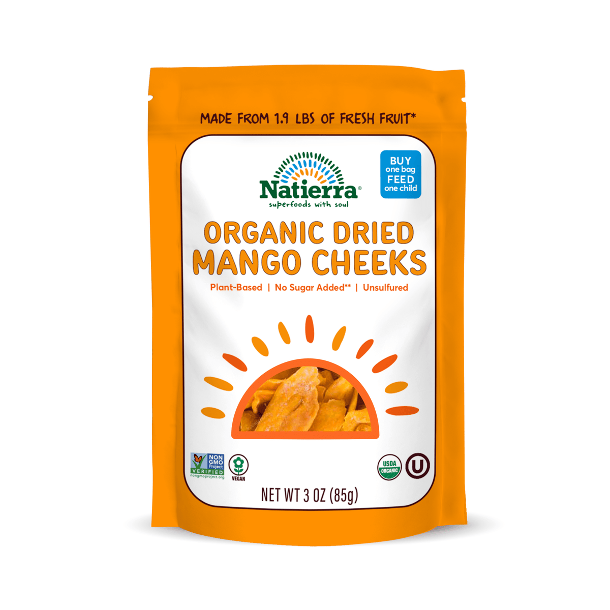 A package of Natierra Organic Dried Mango Cheeks. The packaging is orange with a clear window showing the dried mango pieces.