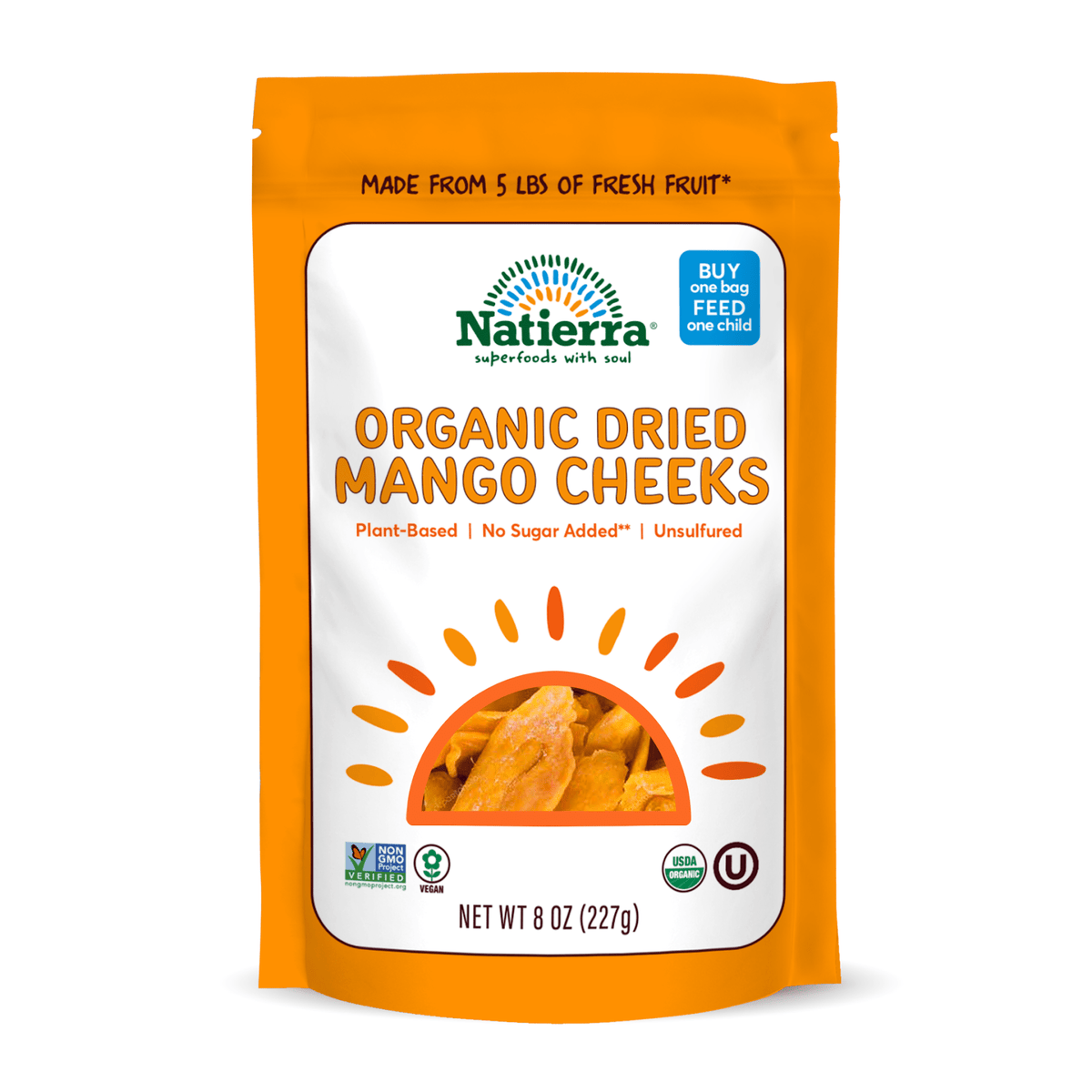 A package of Natierra Organic Dried Mango Cheeks. The packaging is orange with a clear window showing the dried mango pieces.