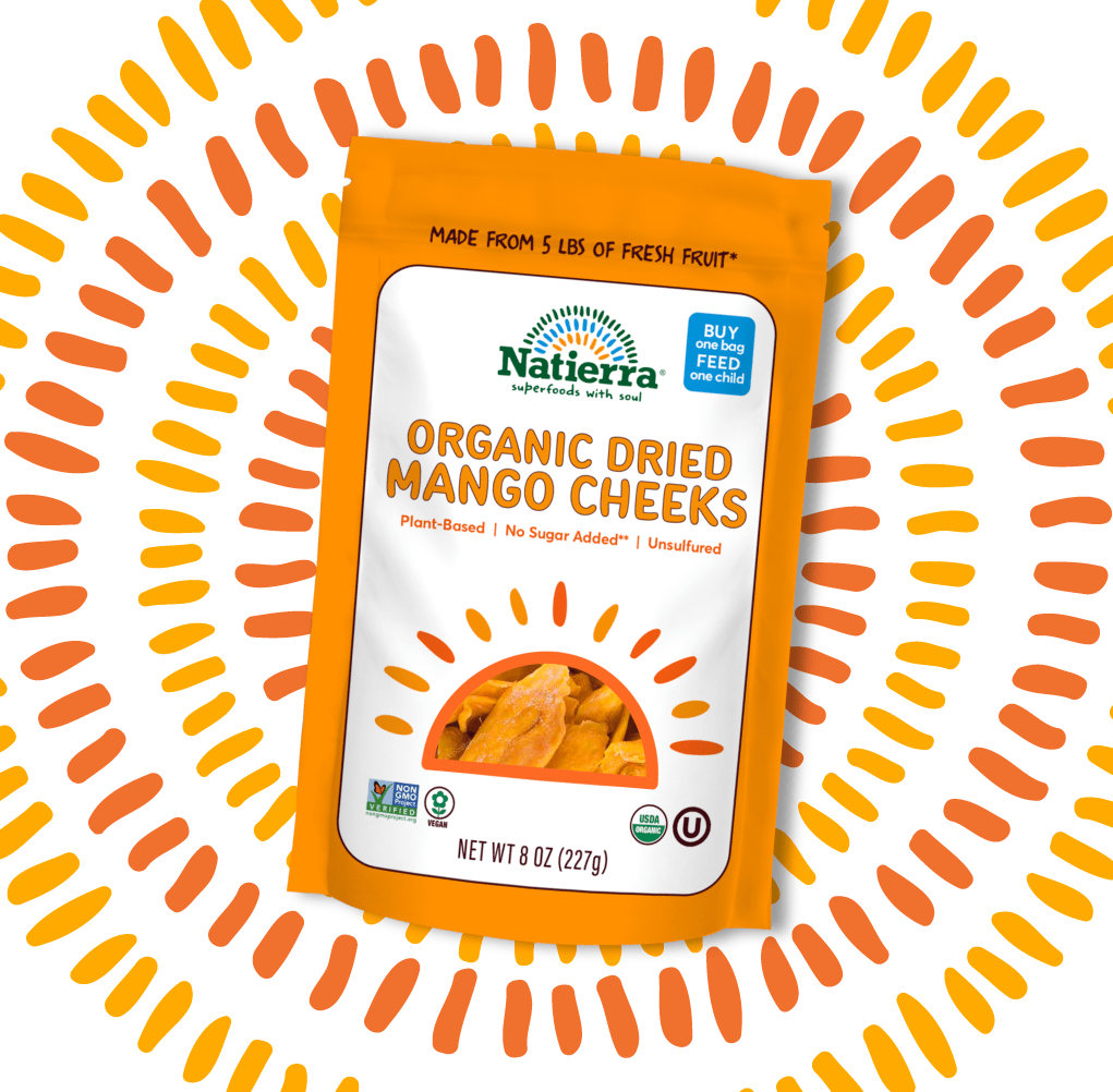 Dried Mango cheeks front of packaging with seeds background