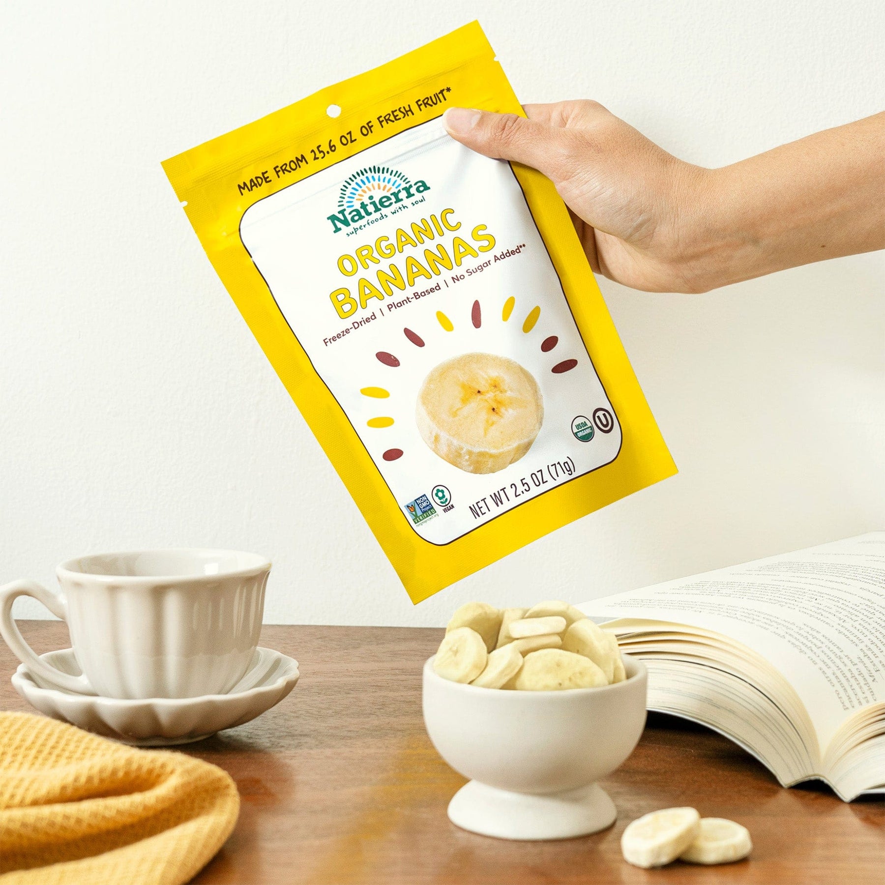 Natierra Orgabuc Freeze-Dried  Bananas on a table