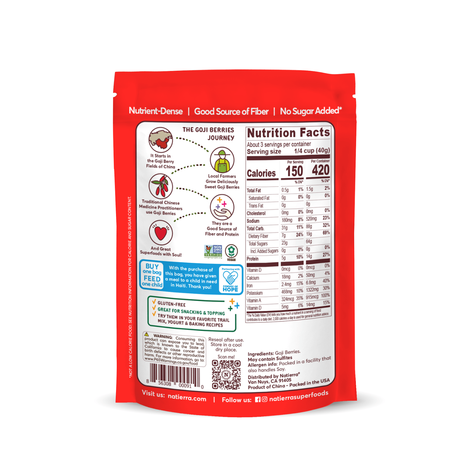 Natierra Goji Berries bag with nutrition facts, journey and main product claims