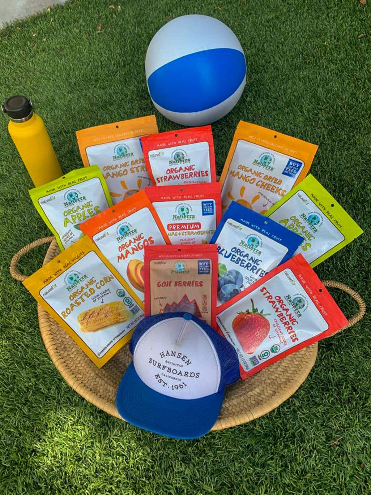 A basket with variety of Natierra Freeze-Dried fruits bags and goji berries bag on the grass. A white and blue beach ball and bottle of water.