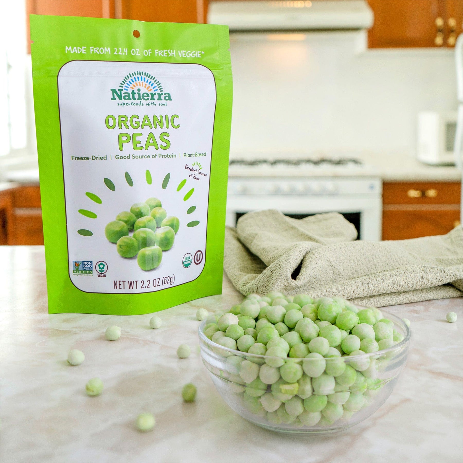 Natierra Organic Freeze-Dried Peas Bag on a kitchen counter