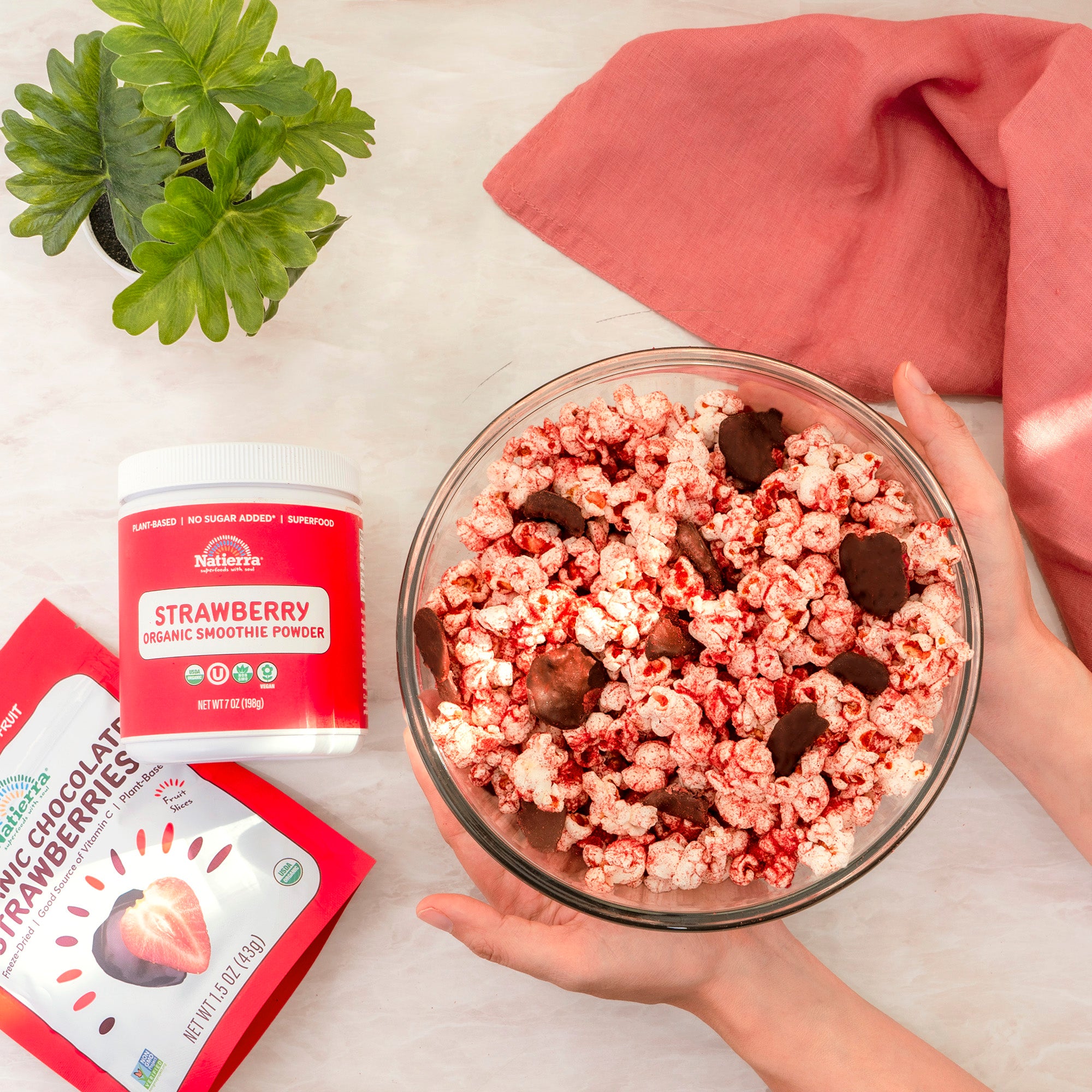 Strawberry popcorn recipe with chocolate covered freeze-dried fruit