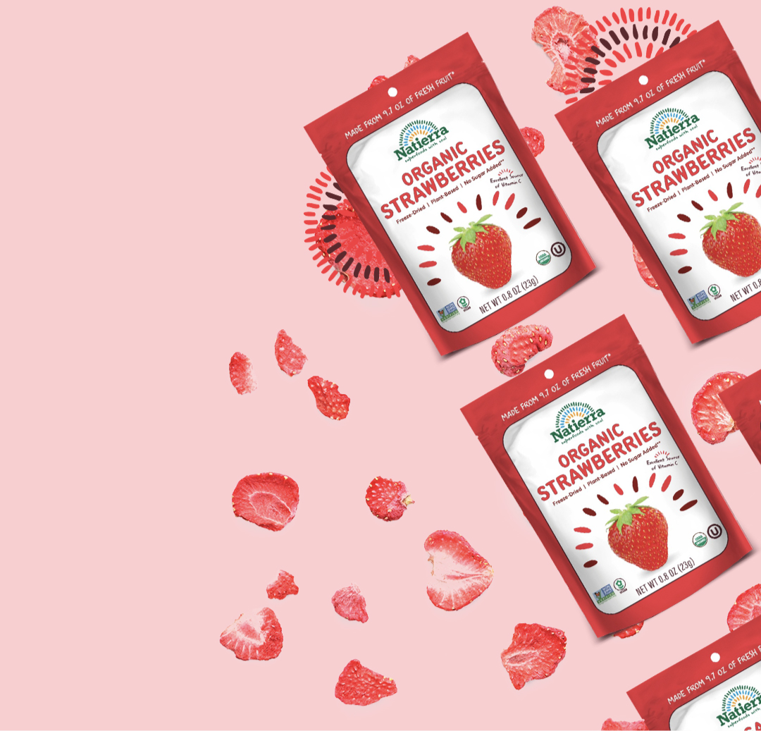 Natierra Organic Freeze-Dried Strawberries bags and strawberry slices spilled all over 