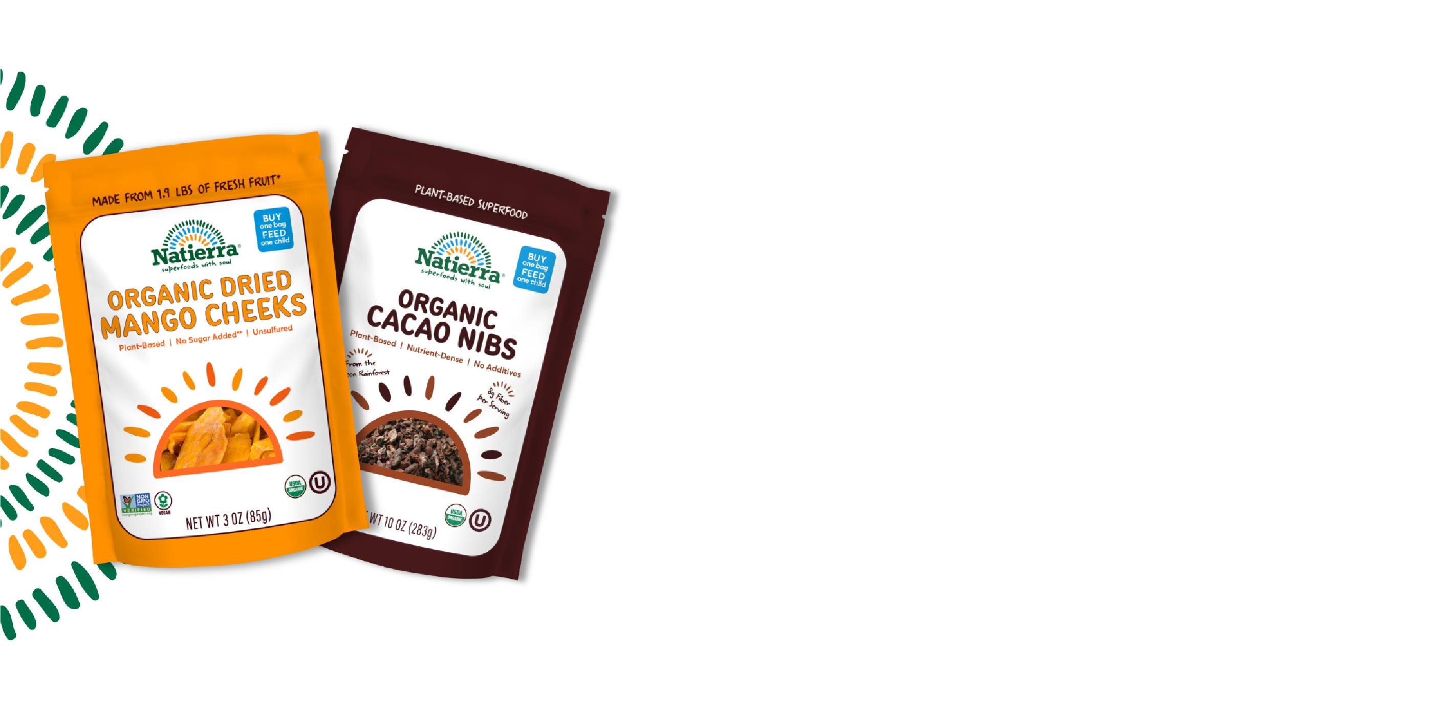 Natierra Organic Dried Mango Cheeks and Organic Cacao Nibs Bags