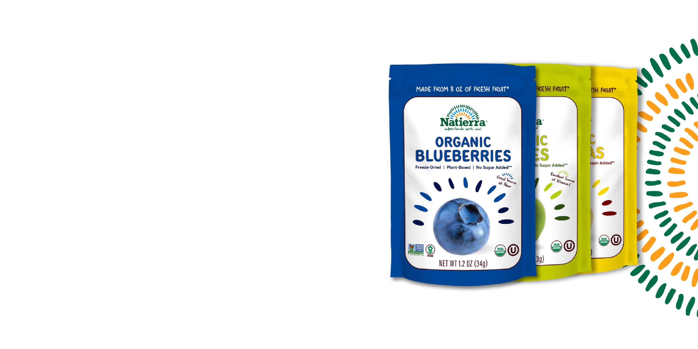 Organic Freeze-Dried Blueberries on top of Organic Freeze Dried Apples on top of Organic Bananas packaging