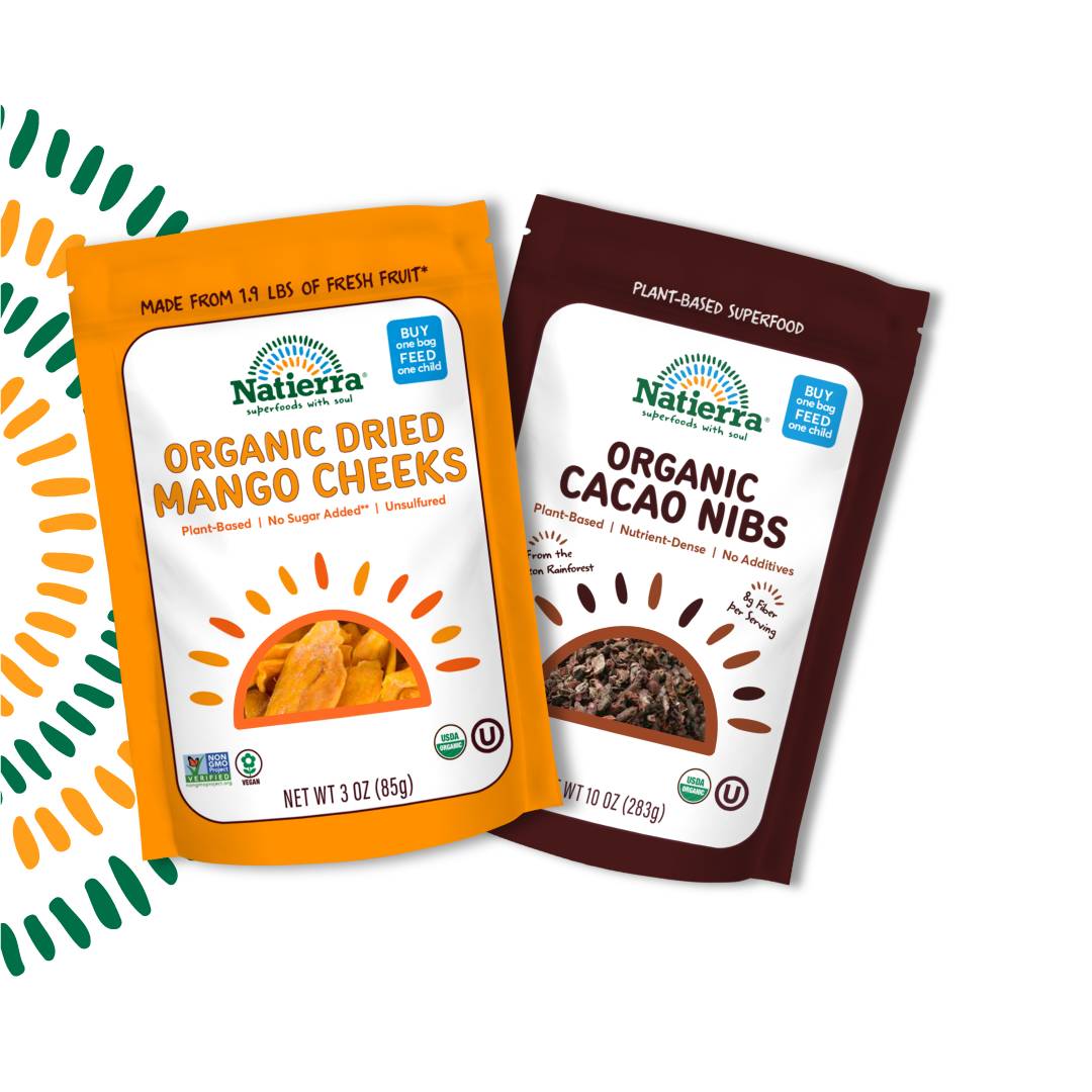 Natierra Organic Dried Mango Cheeks and Organic Cacao Nibs Bags.