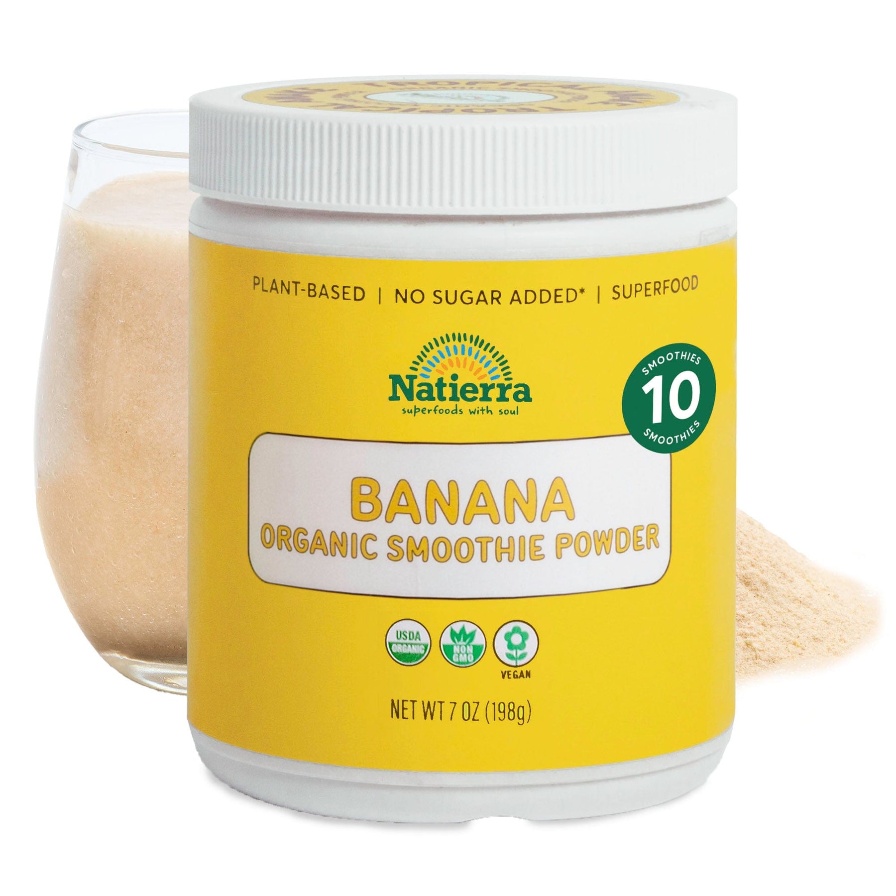 Natierra Banana Organic Smoothie jar with glass and powder in the background