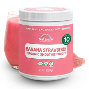 Natierra Banana Strawberry Organic Smoothie jar with glass and powder in the background thumbnail
