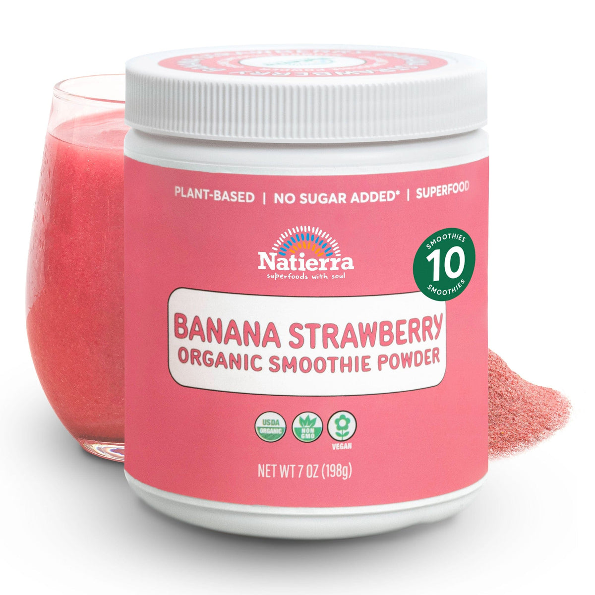 Natierra Banana Strawberry Organic Smoothie jar with glass and powder in the background