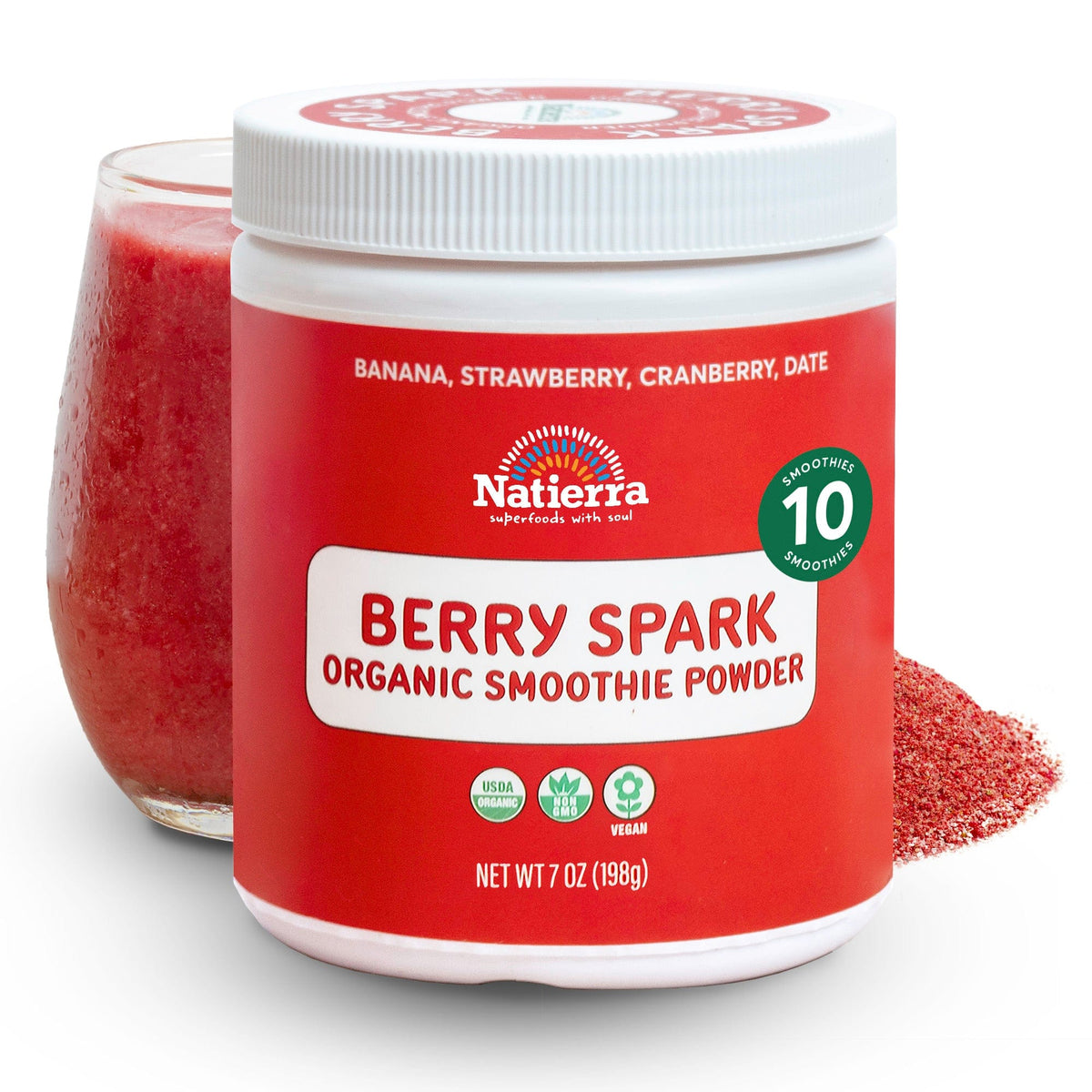 Natierra Berry Spark Organic Smoothie jar with glass and powder in the background