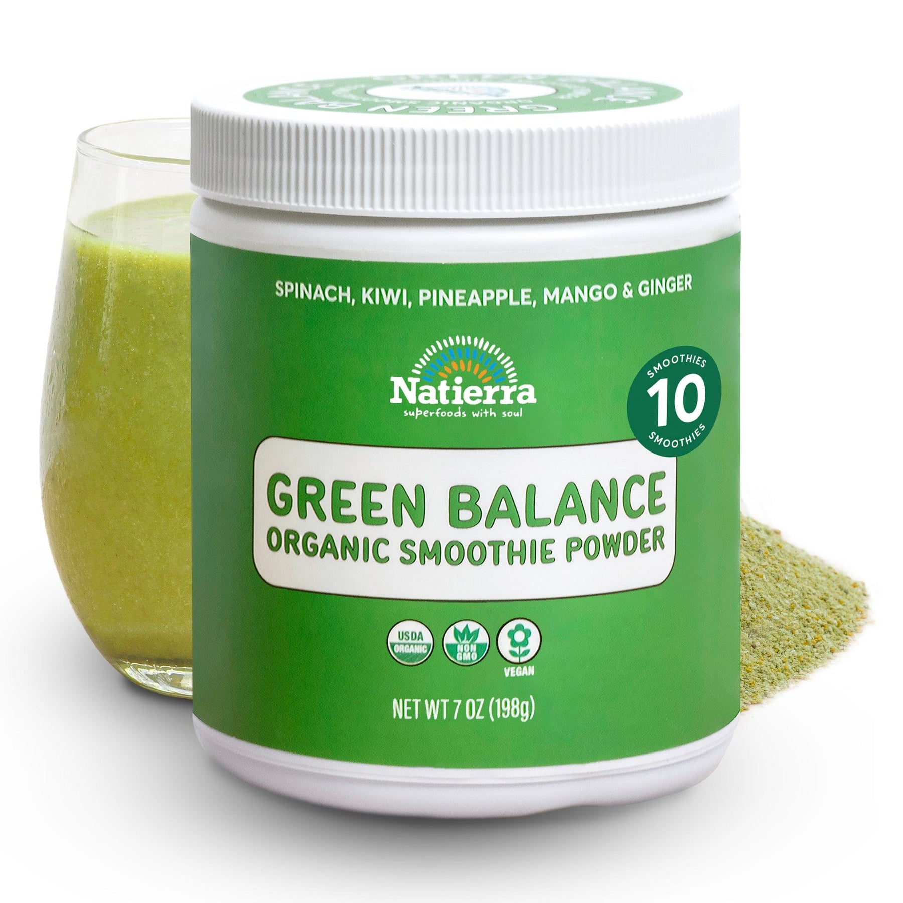 Natierra Green Balance Organic Smoothie jar with glass and powder in the background