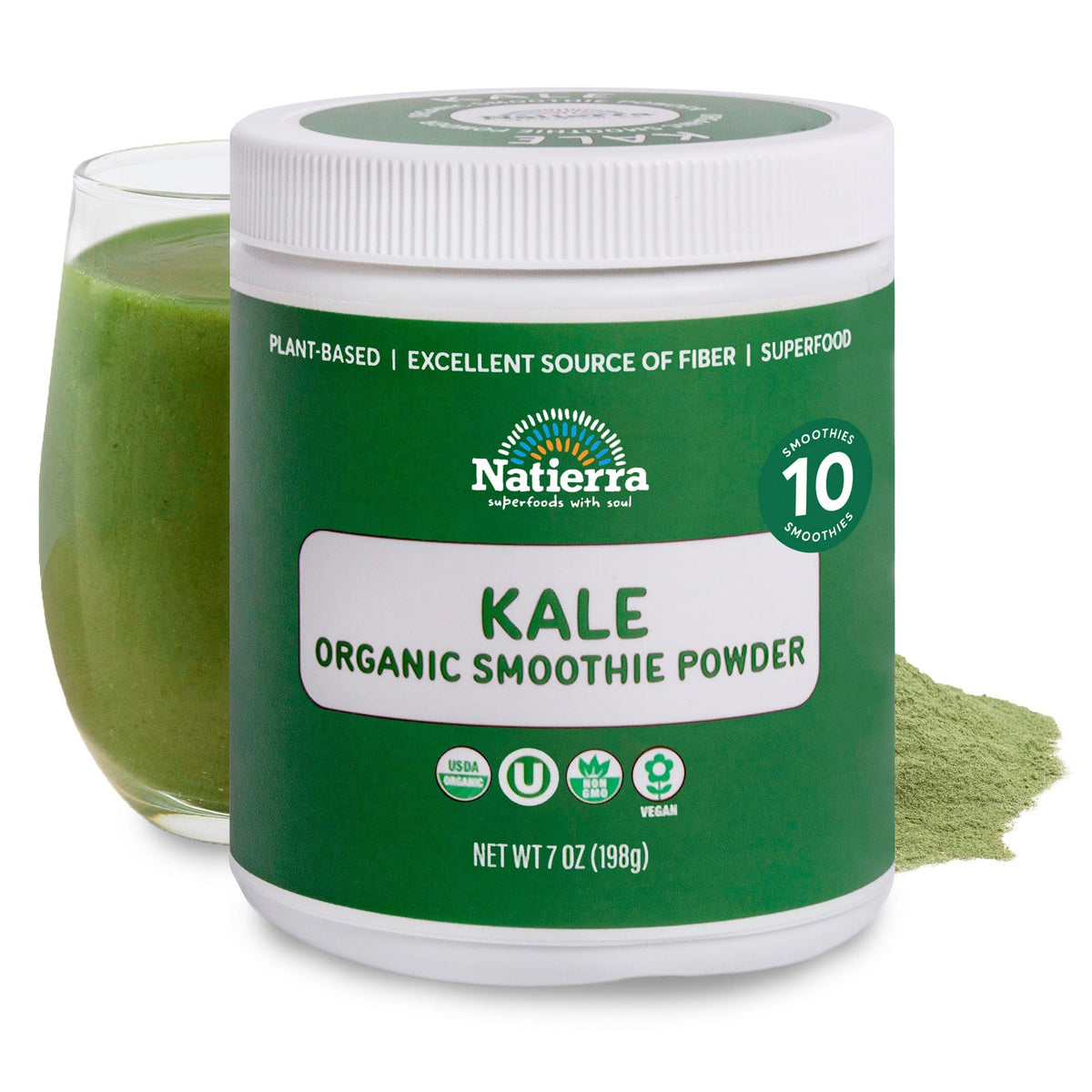 Natierra Kale Organic Smoothie jar with glass and powder in the background