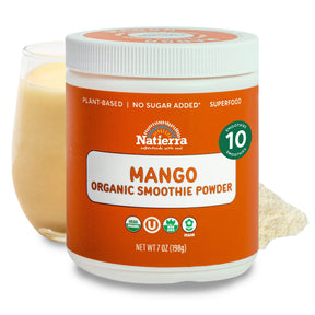 Natierra Mango Organic Smoothie jar with glass and powder in the background