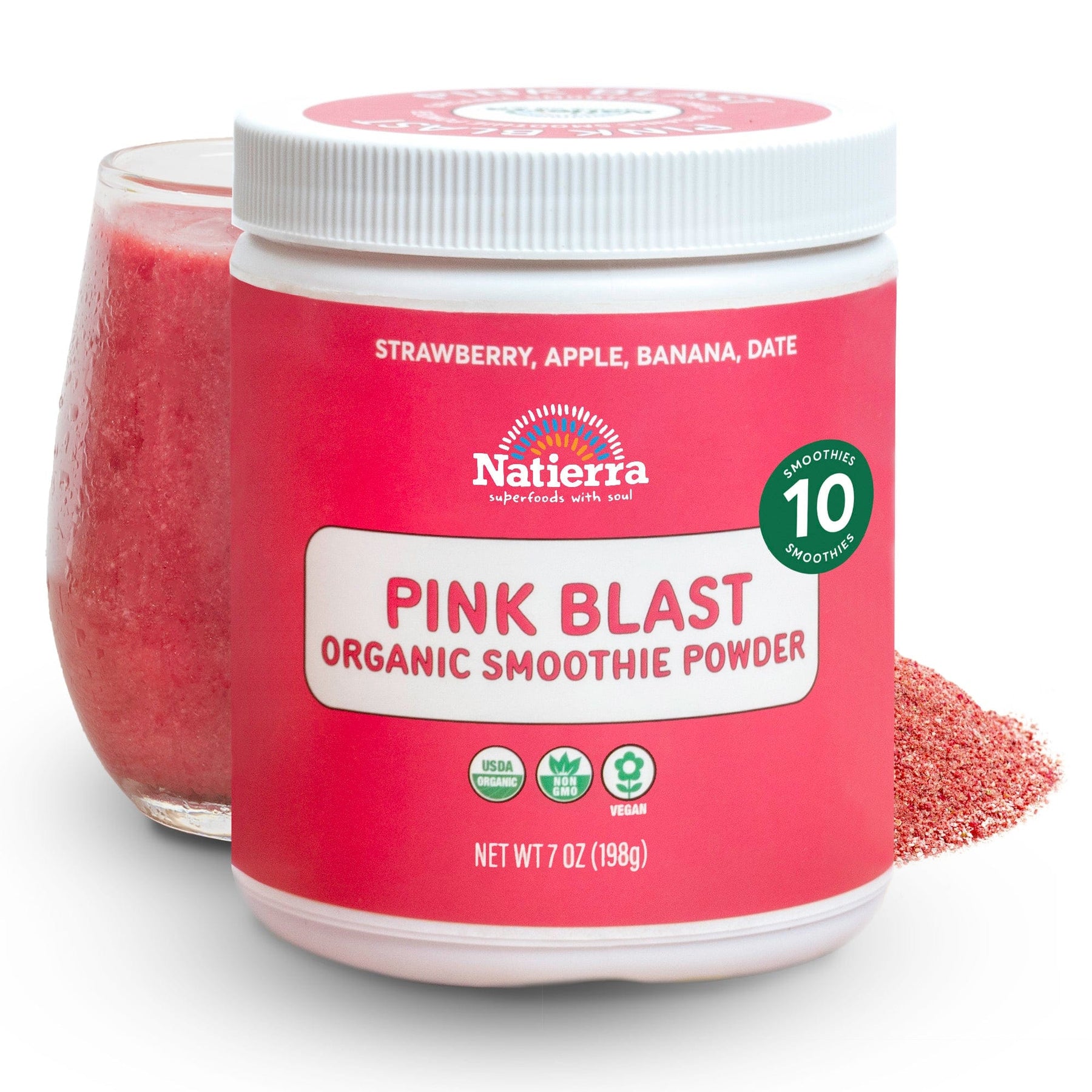 Natierra Pink Blast Organic Smoothie jar with glass and powder in the background