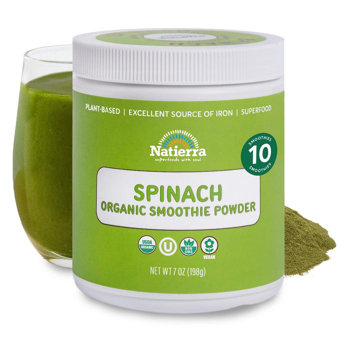 Natierra Spinach Organic Smoothie jar with glass and powder in the background
