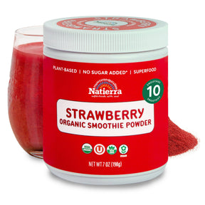 Natierra Strawberry Organic Smoothie jar with glass and powder in the background thumbnail