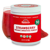 Natierra Strawberry Organic Smoothie jar with glass and powder in the background