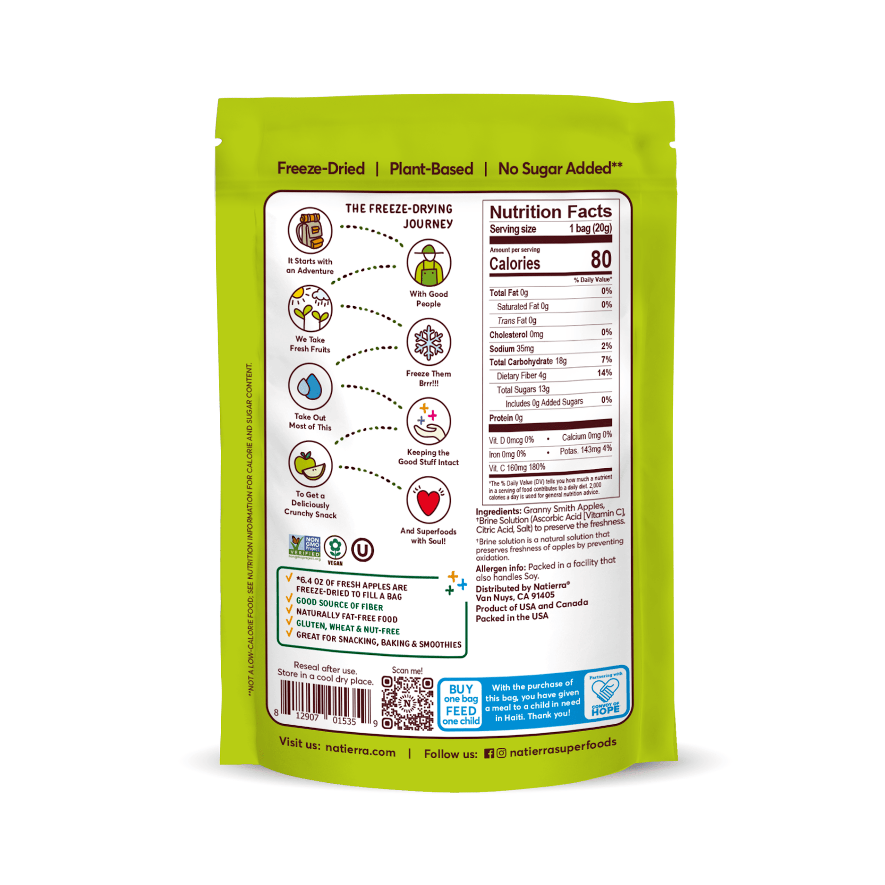 Natierra Freeze-Dried Apples bag with nutrition facts, journey and main product claims