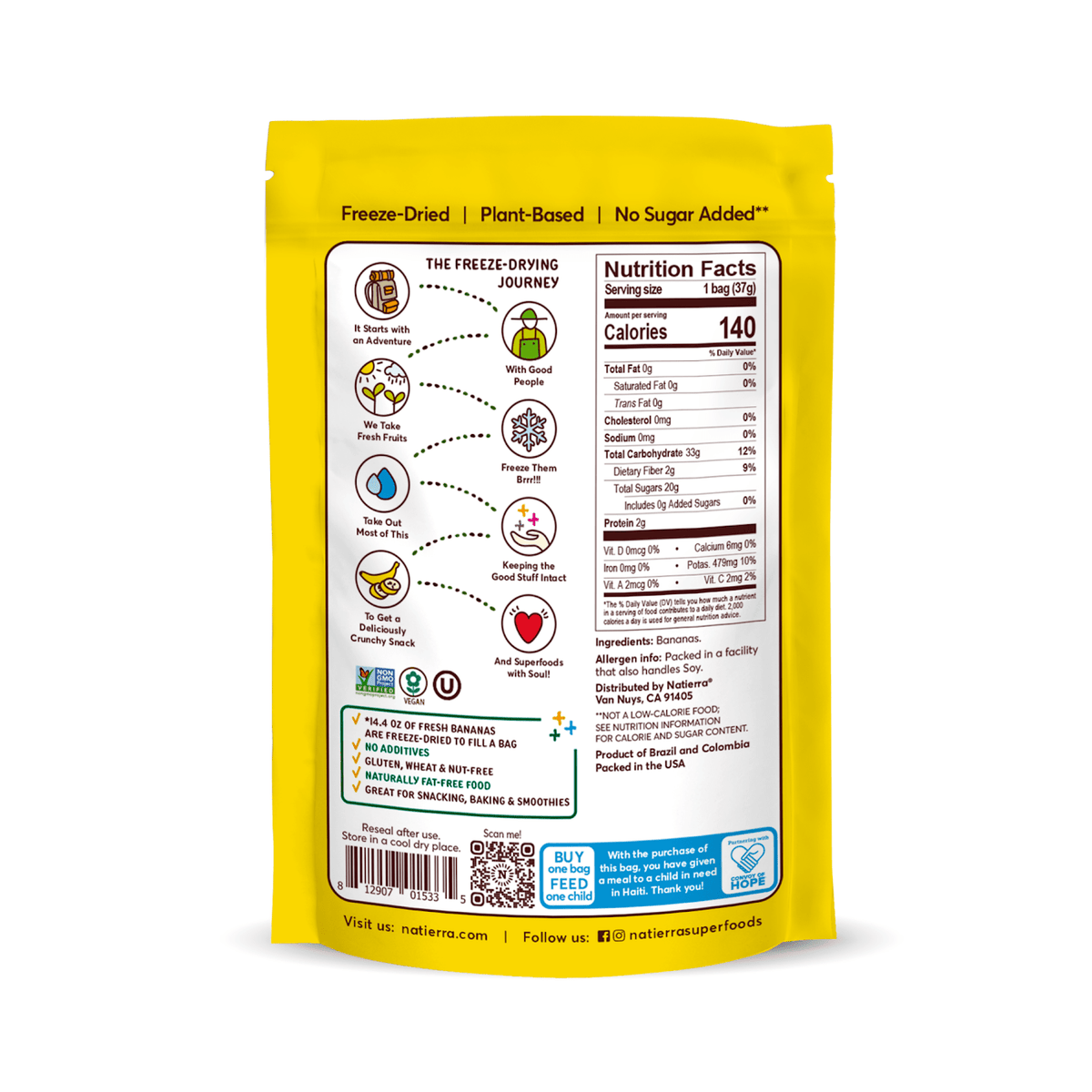 Natierra Freeze-Dried Bananas bag with Nutrition facts, journey and main product claims