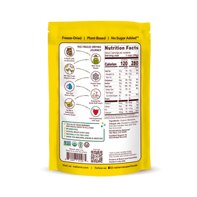 Natierra Freeze-Dried Bananas bag with nutrition facts, journey and main product claims.