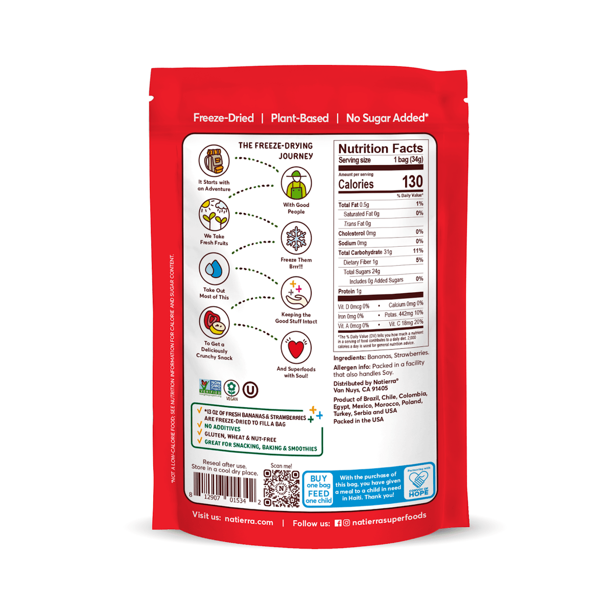 Natierra Freeze-Dried Bananas and Strawberries bag with Nutrition facts, journey and main product claims