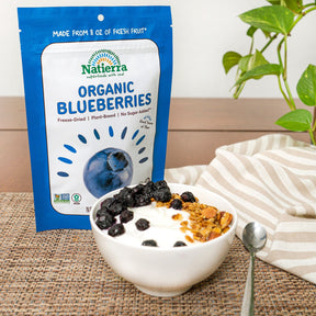 Yogurt bowl topped with Natierra Freeze-Dried Blueberries 