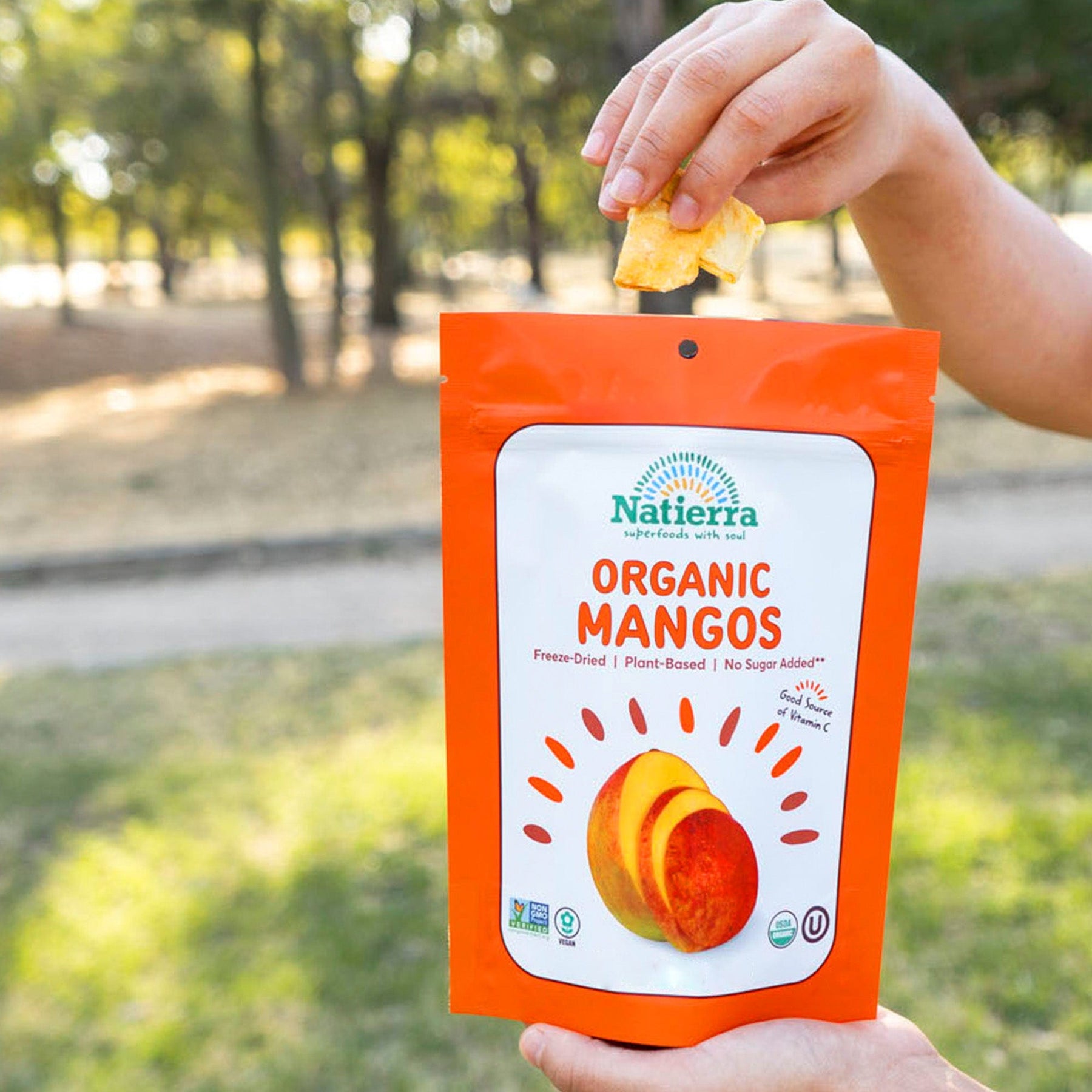 A bag of Natierra Organic Freeze Dried Mangos at the park