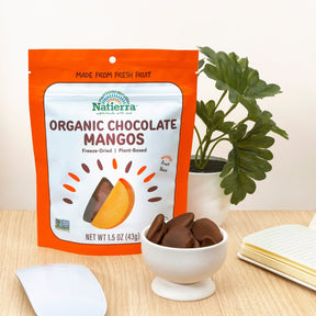 Natierra Organic Chocolate Covered Mangos on a desk