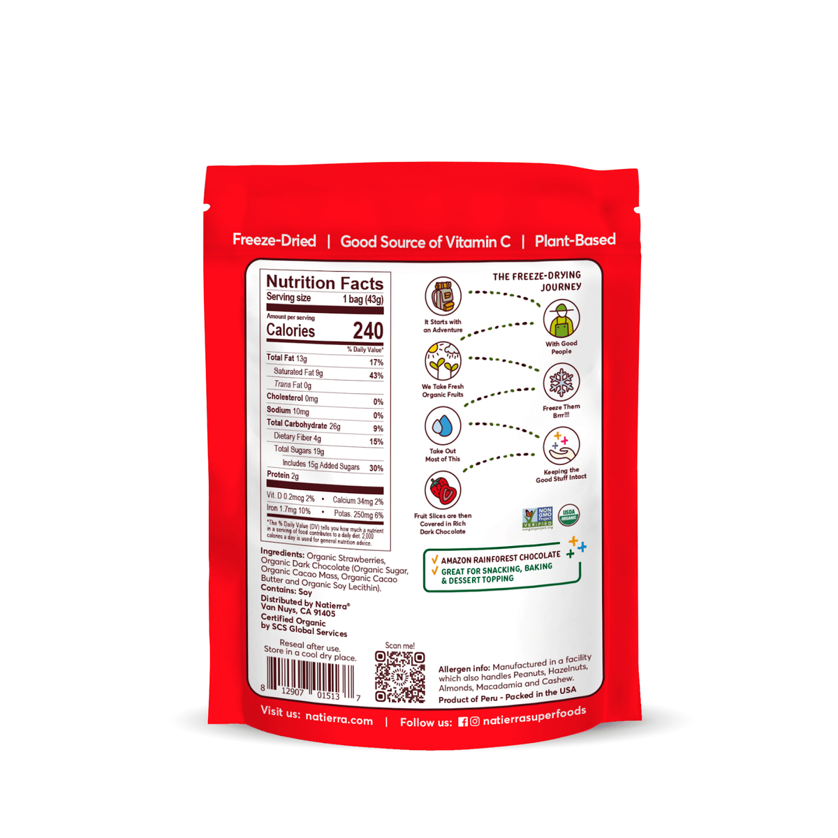 Natierra Organic Dark Chocolate Strawberry Slices Bag with Nutrition facts, journey and main product claims