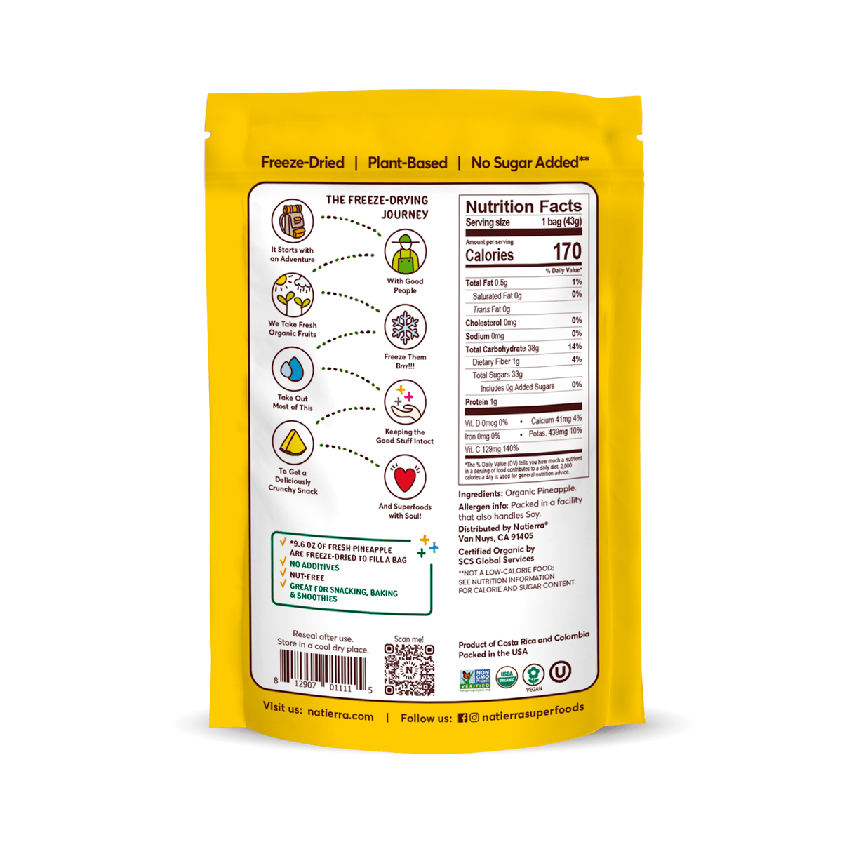 Natierra Organic Freeze-Dried Pineapple bag with Nutrition facts, journey and main product claims