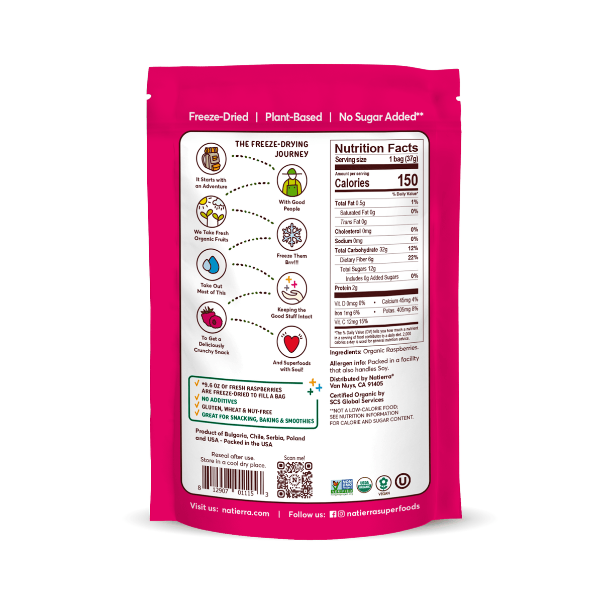 Natierra Organic Freeze-Dried Raspberries Nutrition facts, journey and main product claims